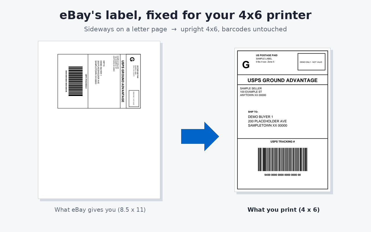 Before: eBay's letter-size page with the label sideways in the corner. After: the same label as an upright 4x6 page.
